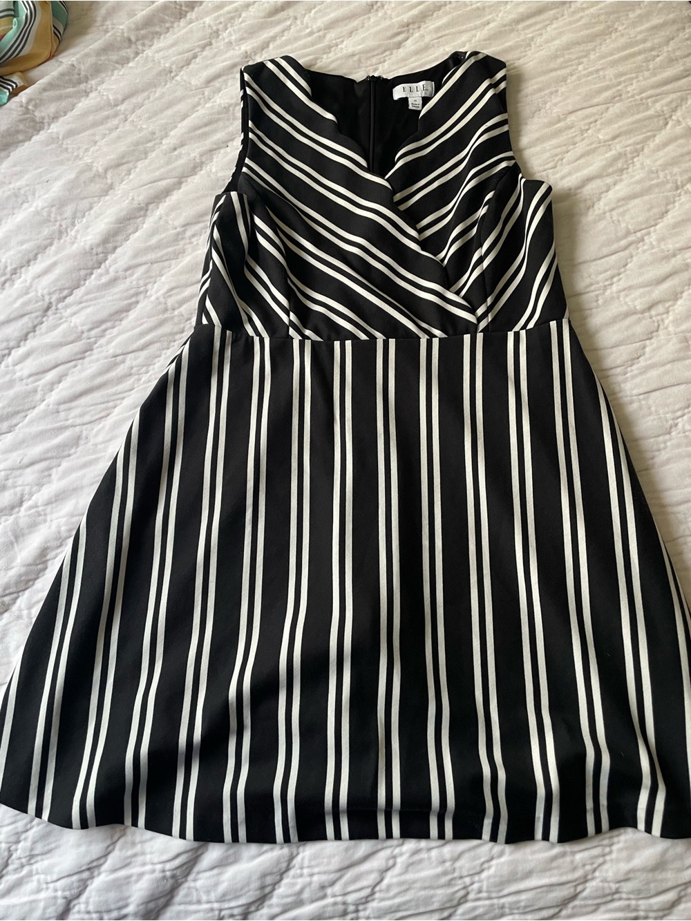 Elle Black and White Striped Sleeveless Fit-and-Flare Dress